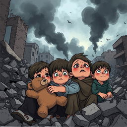 A heartbreaking illustration capturing the trauma experienced by children in Gaza due to the ongoing bombings