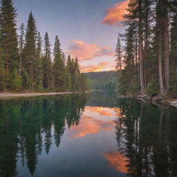 Generate a serene landscape with a crystal clear lake reflecting the glorious sunset, framed by tall, dense pine trees