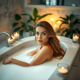 A beautiful woman relaxing in a luxurious bathtub filled with milk, surrounded by soft candlelight that casts a warm glow