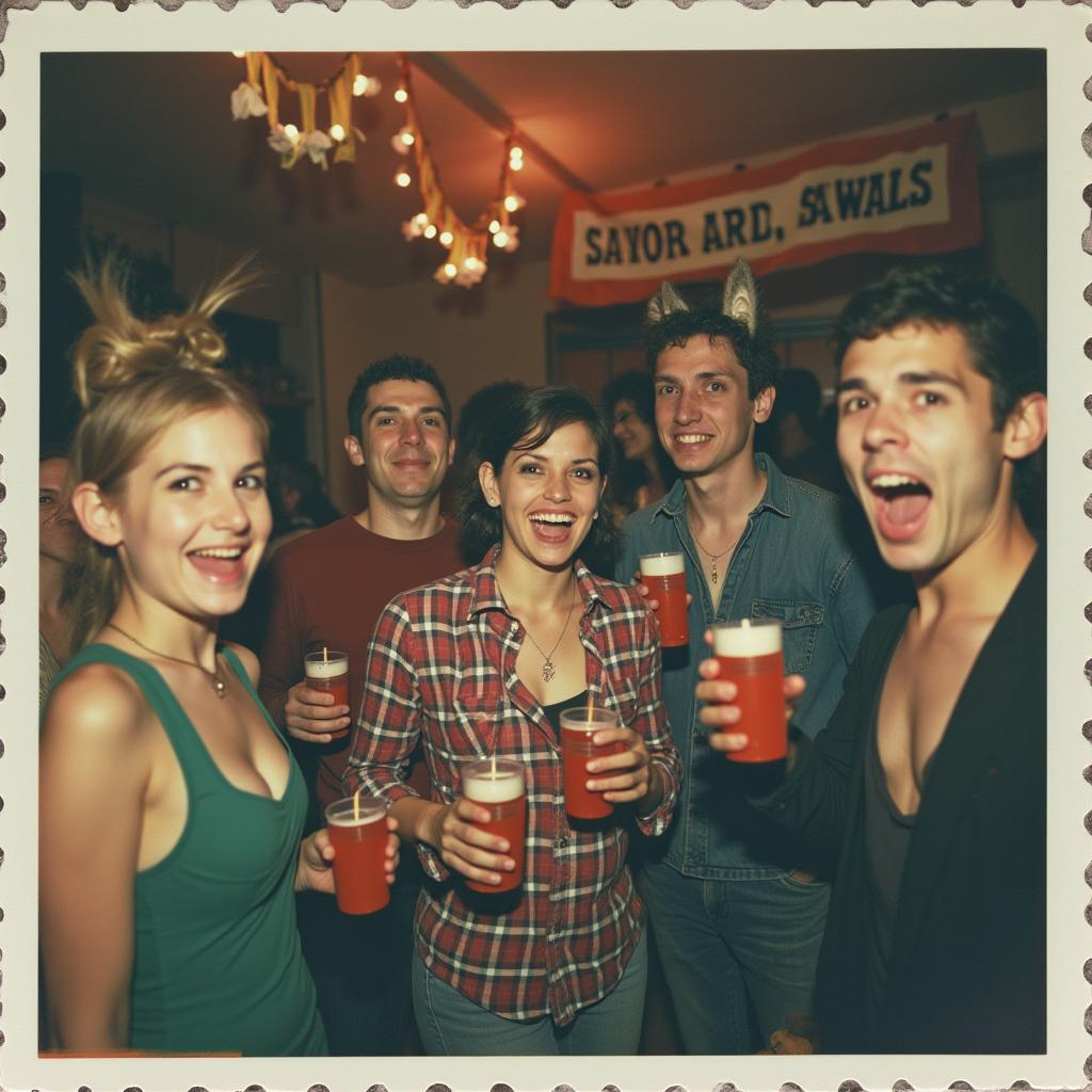 A vintage Polaroid photograph capturing a lively 1990s American frat house party filled with mythical creatures