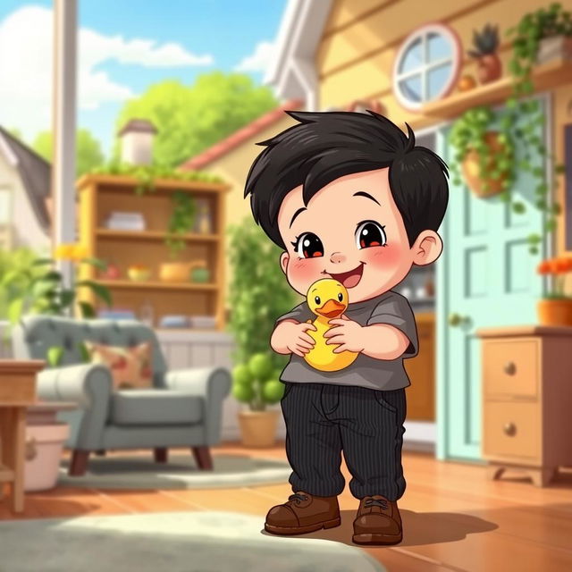 A charming cartoon scene set in a sunny village featuring an interior of a vintage house styled from the 80s