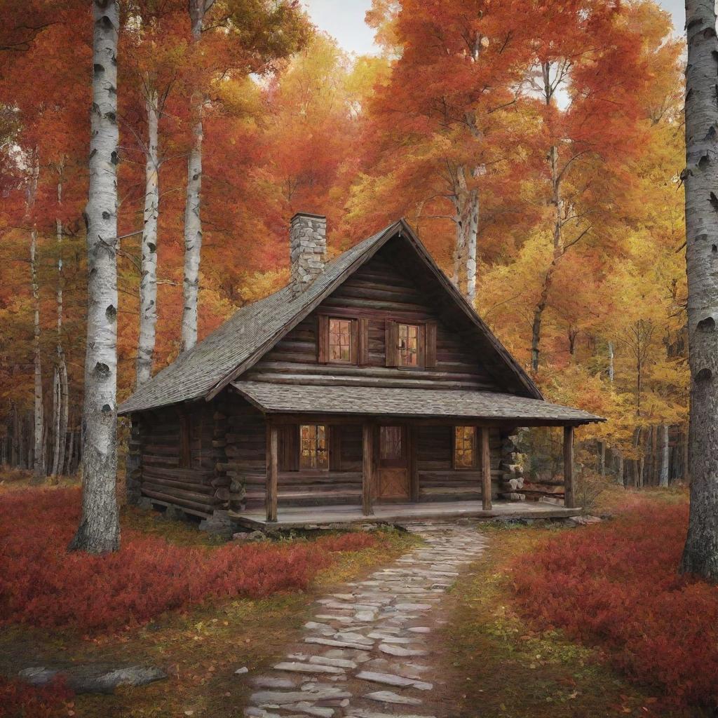 Generate an image of a rustic, wooden cabin in a breathtakingly beautiful autumn forest