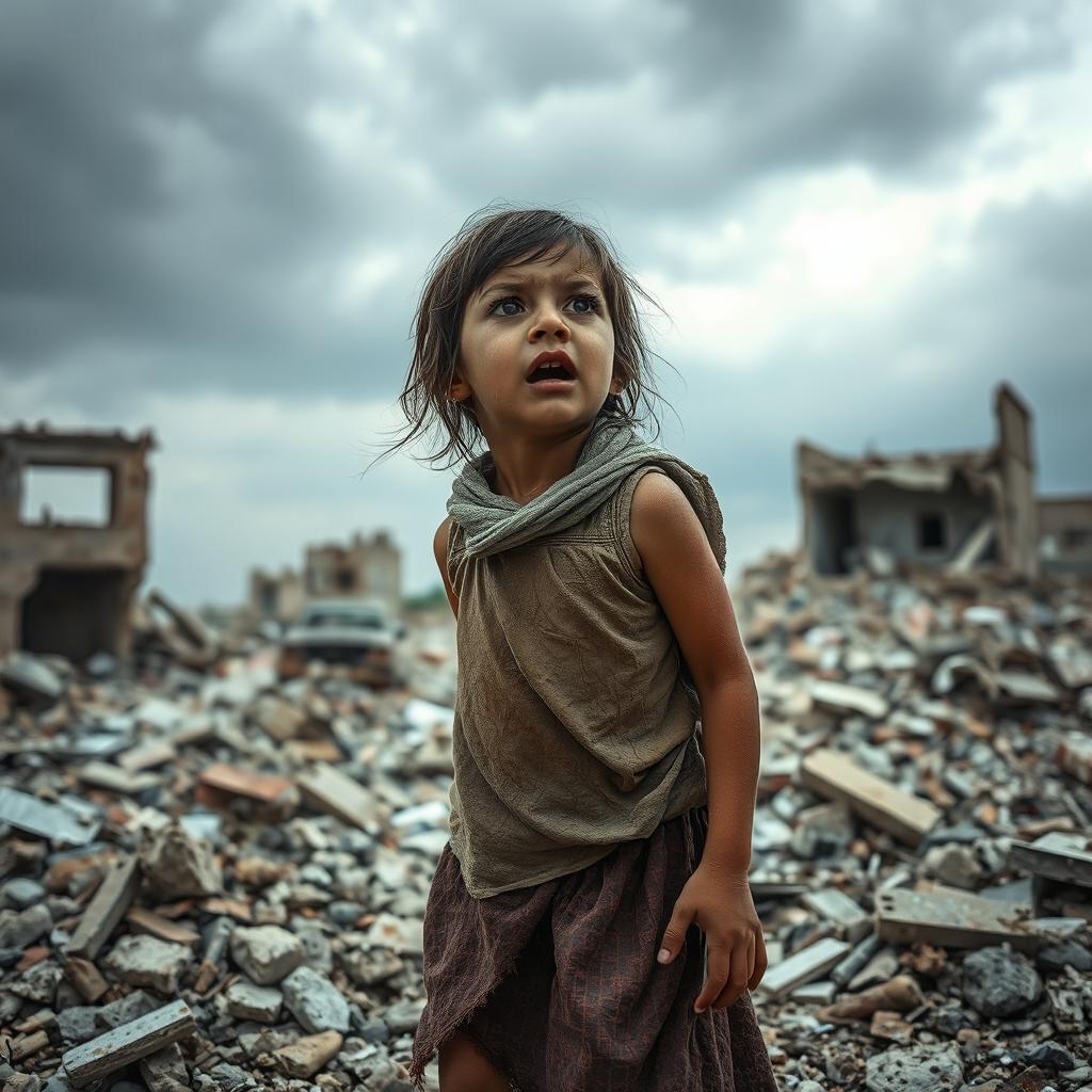 A poignant scene depicting the anguish and despair of a young girl in Gaza, surrounded by rubble and destruction