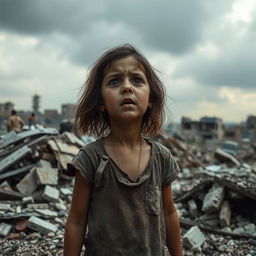 A poignant scene depicting the anguish and despair of a young girl in Gaza, surrounded by rubble and destruction