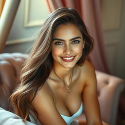 A beautiful young woman with long flowing hair, her face adorned with a playful and cheeky smile