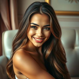 A beautiful young woman with long flowing hair, her face adorned with a playful and cheeky smile