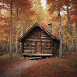 Generate an image of a rustic, wooden cabin in a breathtakingly beautiful autumn forest