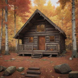 Generate an image of a rustic, wooden cabin in a breathtakingly beautiful autumn forest