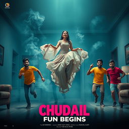 A striking cinematic horror comedy film poster titled 'CHUDAIL FUN BEGINS'