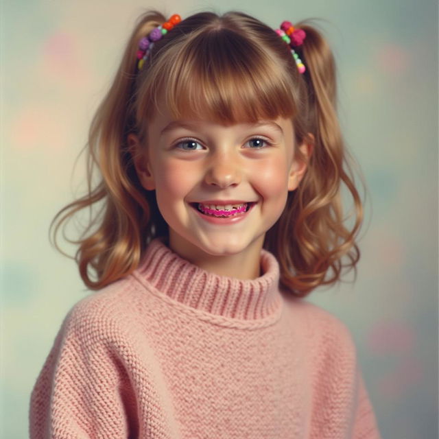 A high school portrait of a cheerful female cyclops, captured in the early 90s style