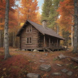 Generate an image of a rustic, wooden cabin in a breathtakingly beautiful autumn forest