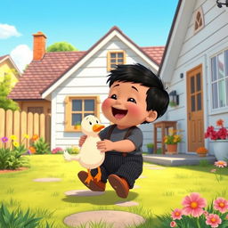 A cheerful cartoon scene set in a sunny village featuring a vintage white house with a wooden interior styled from the 70s