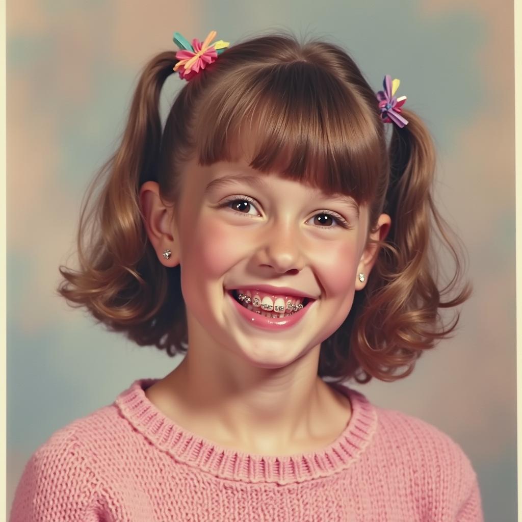 A high school portrait of a cheerful female cyclops, featuring her distinctive single eye front and center