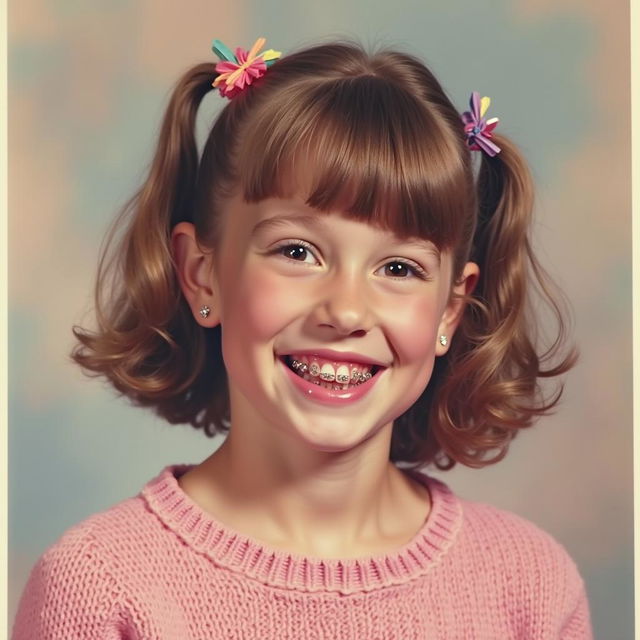 A high school portrait of a cheerful female cyclops, featuring her distinctive single eye front and center