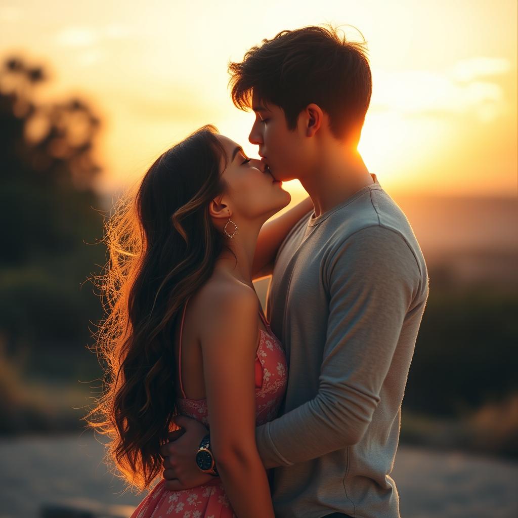 A romantic scene of a sexy girl passionately kissing a handsome boy, set against a dreamy sunset background