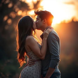 A romantic scene of a sexy girl passionately kissing a handsome boy, set against a dreamy sunset background