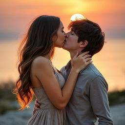 A romantic scene of a sexy girl passionately kissing a handsome boy, set against a dreamy sunset background