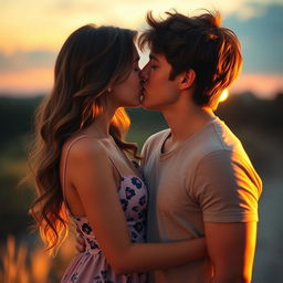 A romantic scene of a sexy girl passionately kissing a handsome boy, set against a dreamy sunset background