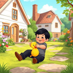 A vibrant cartoon scene set in a sunny village depicting a vintage house with a charming white and wooden interior from the 70s