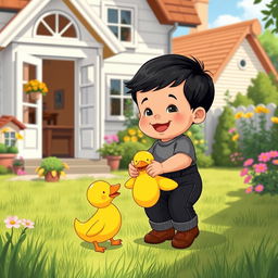 A vibrant cartoon scene set in a sunny village depicting a vintage house with a charming white and wooden interior from the 70s