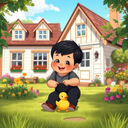 A vibrant cartoon scene set in a sunny village depicting a vintage house with a charming white and wooden interior from the 70s