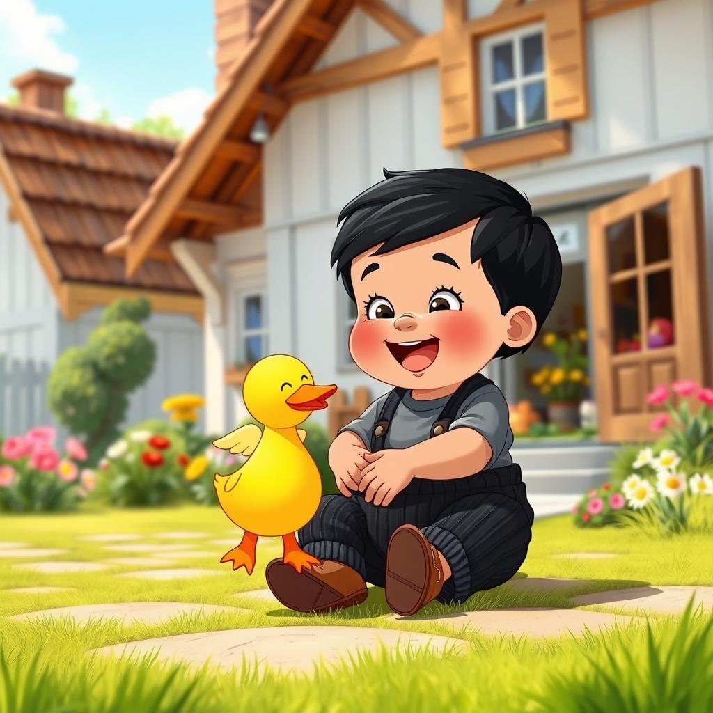 A vibrant cartoon scene set in a sunny village depicting a vintage house with a charming white and wooden interior from the 70s