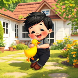 A delightful cartoon scene set in a sunny village featuring a vintage house with a charming white and wooden interior from the 70s