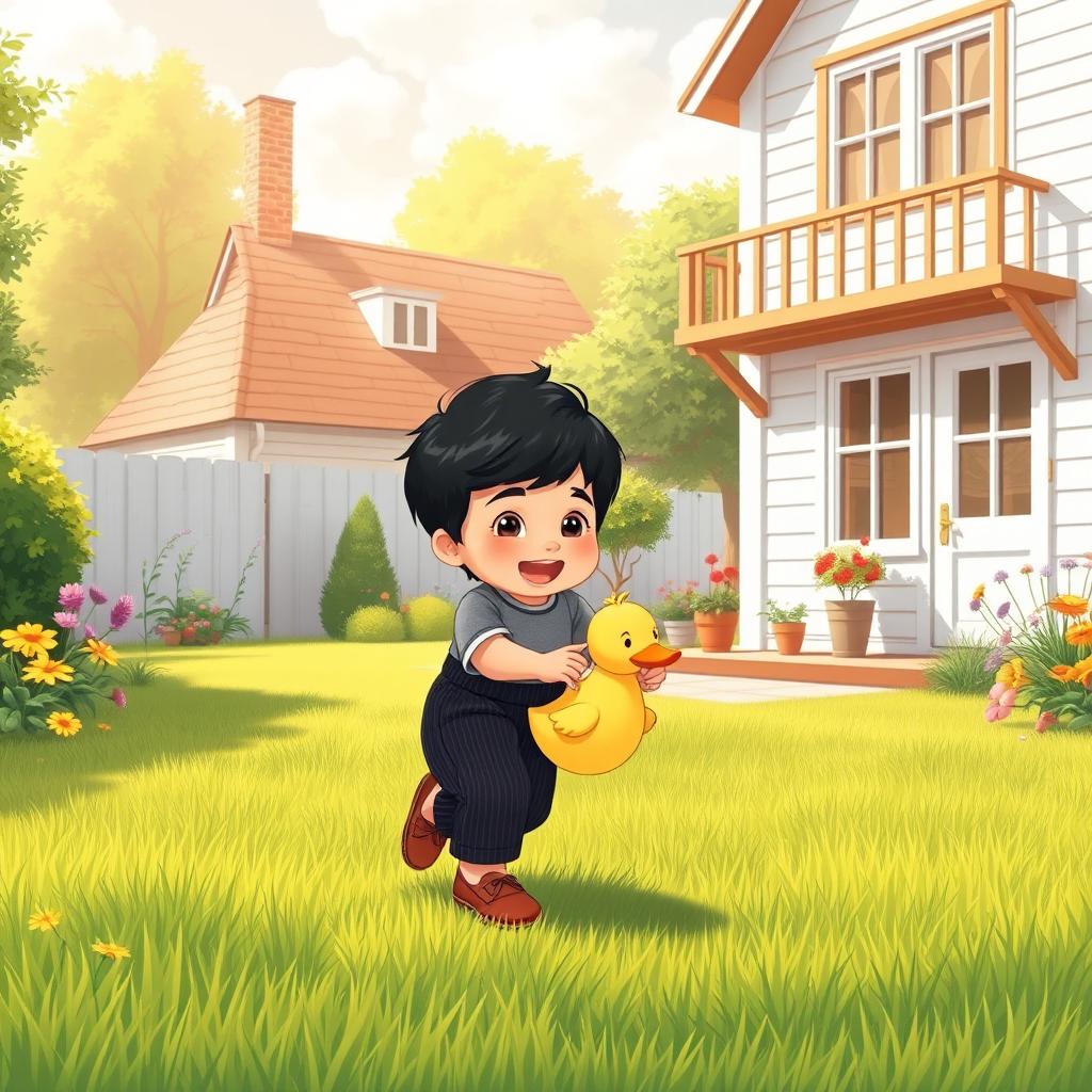 A charming cartoon scene depicting a sunny village with a vintage house featuring a white exterior and a wooden interior styled from the 70s