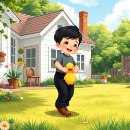 A charming cartoon scene depicting a sunny village with a vintage house featuring a white exterior and a wooden interior styled from the 70s