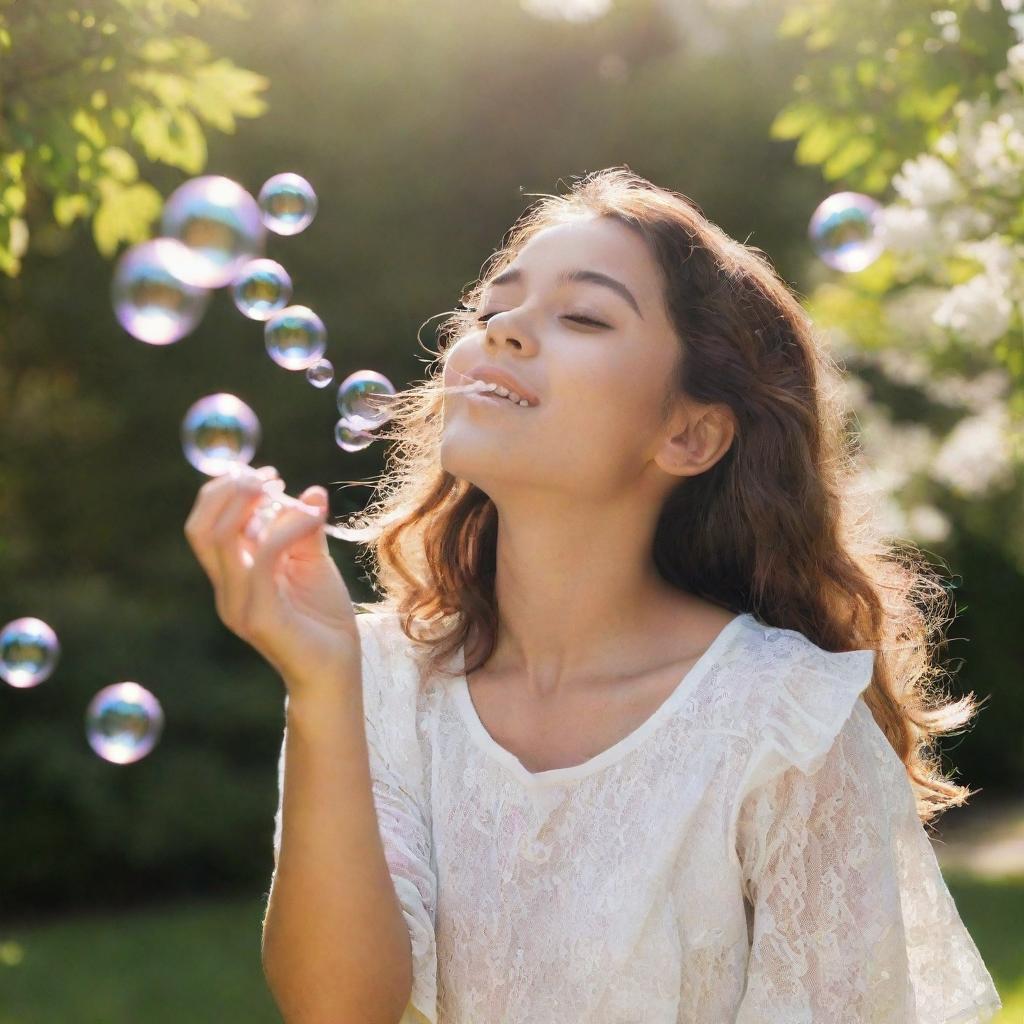 Generate an image of a girl happily blowing bubbles in a sunlit park surrounded by blooming flowers