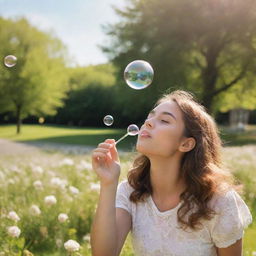 Generate an image of a girl happily blowing bubbles in a sunlit park surrounded by blooming flowers