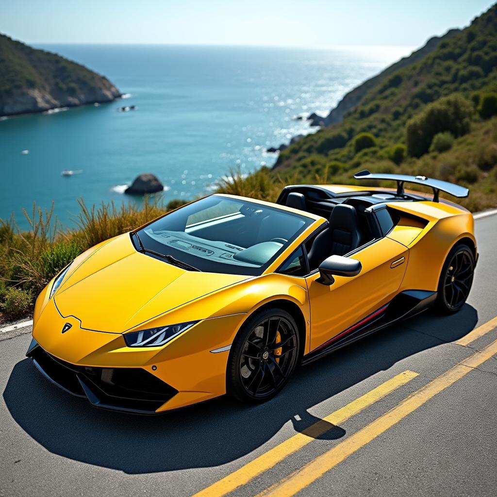 A stunning Lamborghini Revuelto parked on a scenic coastal road with breathtaking ocean views