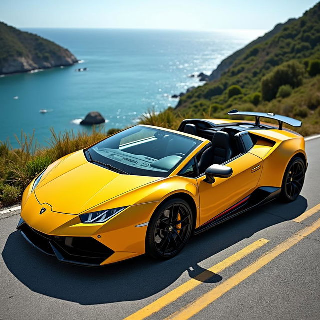 A stunning Lamborghini Revuelto parked on a scenic coastal road with breathtaking ocean views