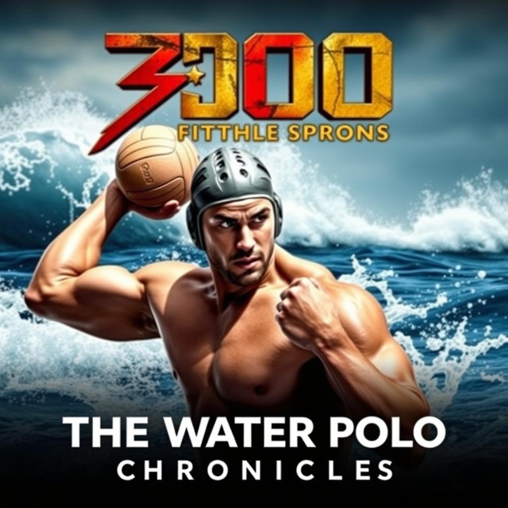 An action-packed movie poster inspired by the film 300, featuring a muscular water polo player in heroic stance, preparing to throw a water polo ball