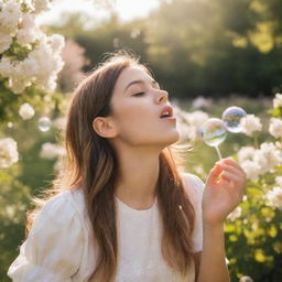 Generate an image of a girl happily blowing bubbles in a sunlit park surrounded by blooming flowers