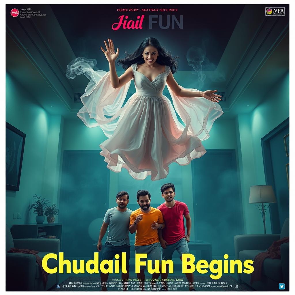 A cinematic horror-comedy movie poster titled "Chudail Fun Begins" featuring a beautiful 30-year-old woman ghost in an elegant, flowing dress hovering in mid-air in a spacious, atmospheric flat