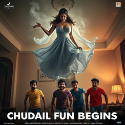 A cinematic horror-comedy movie poster titled "Chudail Fun Begins" featuring a beautiful 30-year-old woman ghost in an elegant, flowing dress hovering in mid-air in a spacious, atmospheric flat