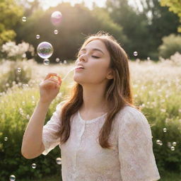 Generate an image of a girl happily blowing bubbles in a sunlit park surrounded by blooming flowers