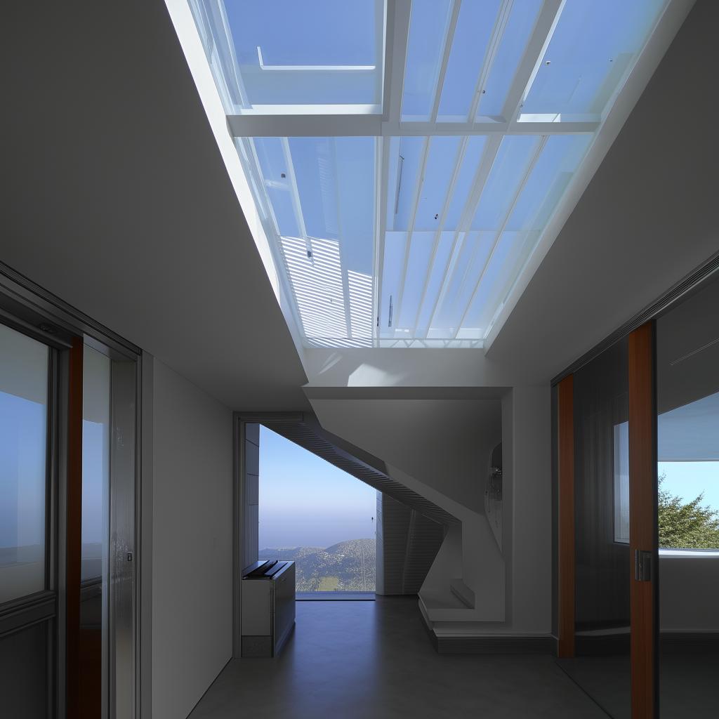 The interior of a second floor featuring an internal hallway leading to a futuristic front balcony, which opens opulently towards the vast sky.