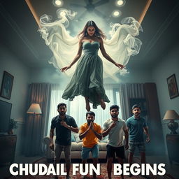 A cinematic horror-comedy movie poster titled "Chudail Fun Begins" featuring a beautiful 30-year-old woman ghost in an elegant, flowing dress hovering in mid-air in a spacious, atmospheric flat