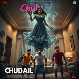 A cinematic horror-comedy movie poster titled "Chudail Fun Begins" featuring a beautiful 30-year-old woman ghost in an elegant, flowing dress hovering in mid-air in a spacious, atmospheric flat