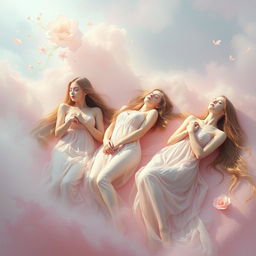 A surreal artistic representation of a group of young women in a dreamy landscape, gently fainting in a graceful manner, each in a different pose