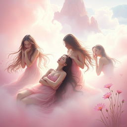 A surreal artistic representation of a group of young women in a dreamy landscape, gently fainting in a graceful manner, each in a different pose