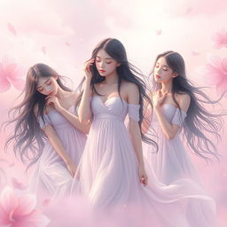 A surreal artistic representation of a group of young women in a dreamy landscape, gently fainting in a graceful manner, each in a different pose