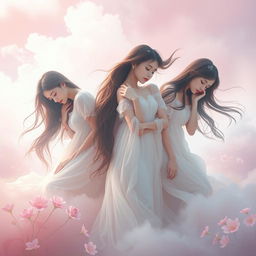 A surreal artistic representation of a group of young women in a dreamy landscape, gently fainting in a graceful manner, each in a different pose