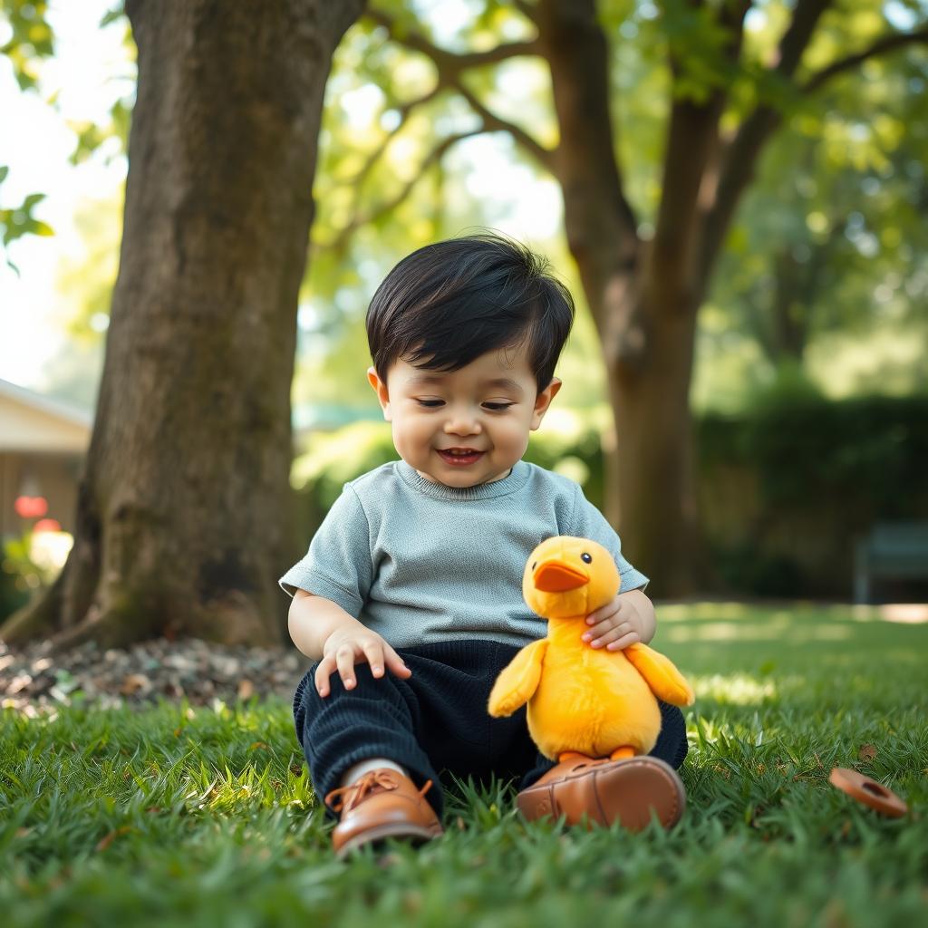 A charming scene featuring a 10-month-old baby boy with thick black hair, sitting contently under a big tree in a lush yard