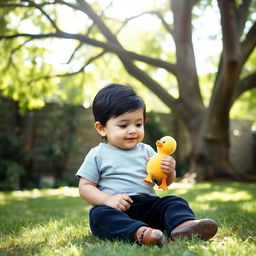 A charming scene featuring a 10-month-old baby boy with thick black hair, sitting contently under a big tree in a lush yard