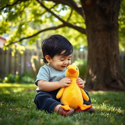 A charming scene featuring a 10-month-old baby boy with thick black hair, sitting contently under a big tree in a lush yard