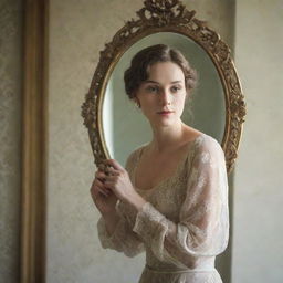 A graceful woman elegantly holding an ornate vintage mirror, reflected in a soft morning light