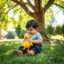 A charming scene featuring a 10-month-old baby boy with thick black hair, sitting contently under a big tree in a lush yard